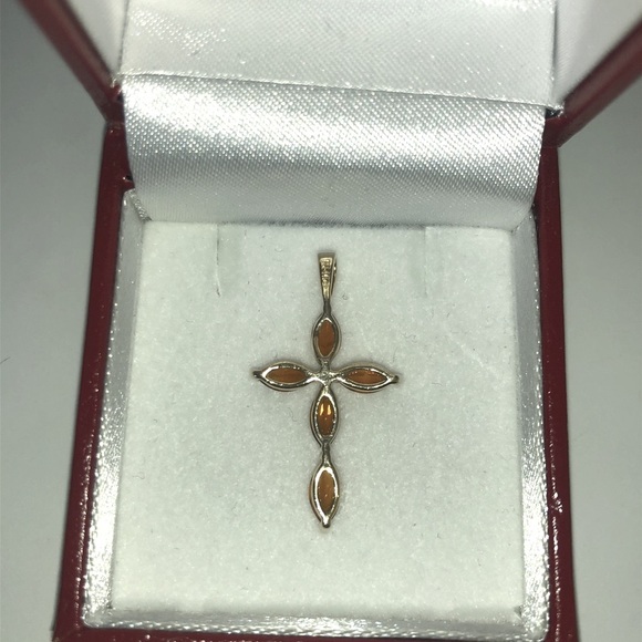 Solid 14K Yellow Gold Citrine Topaz ? Diamond Cross Pendant Charm - Picture 5 of 7